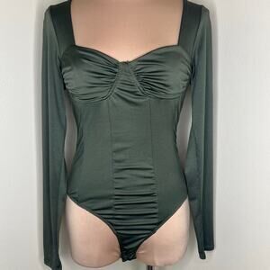 Kenzie Francesca's Bustier Bodysuit Large Womens Green Long Sleeve Ruched Snap